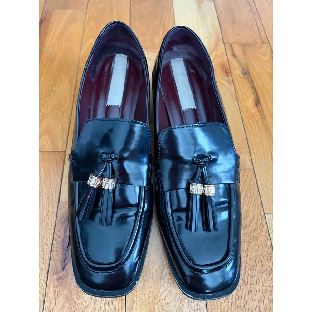 Franco Sarto Womens Donna Heeled Loafers‎ Tassles Black Patent Leather Sz 11M